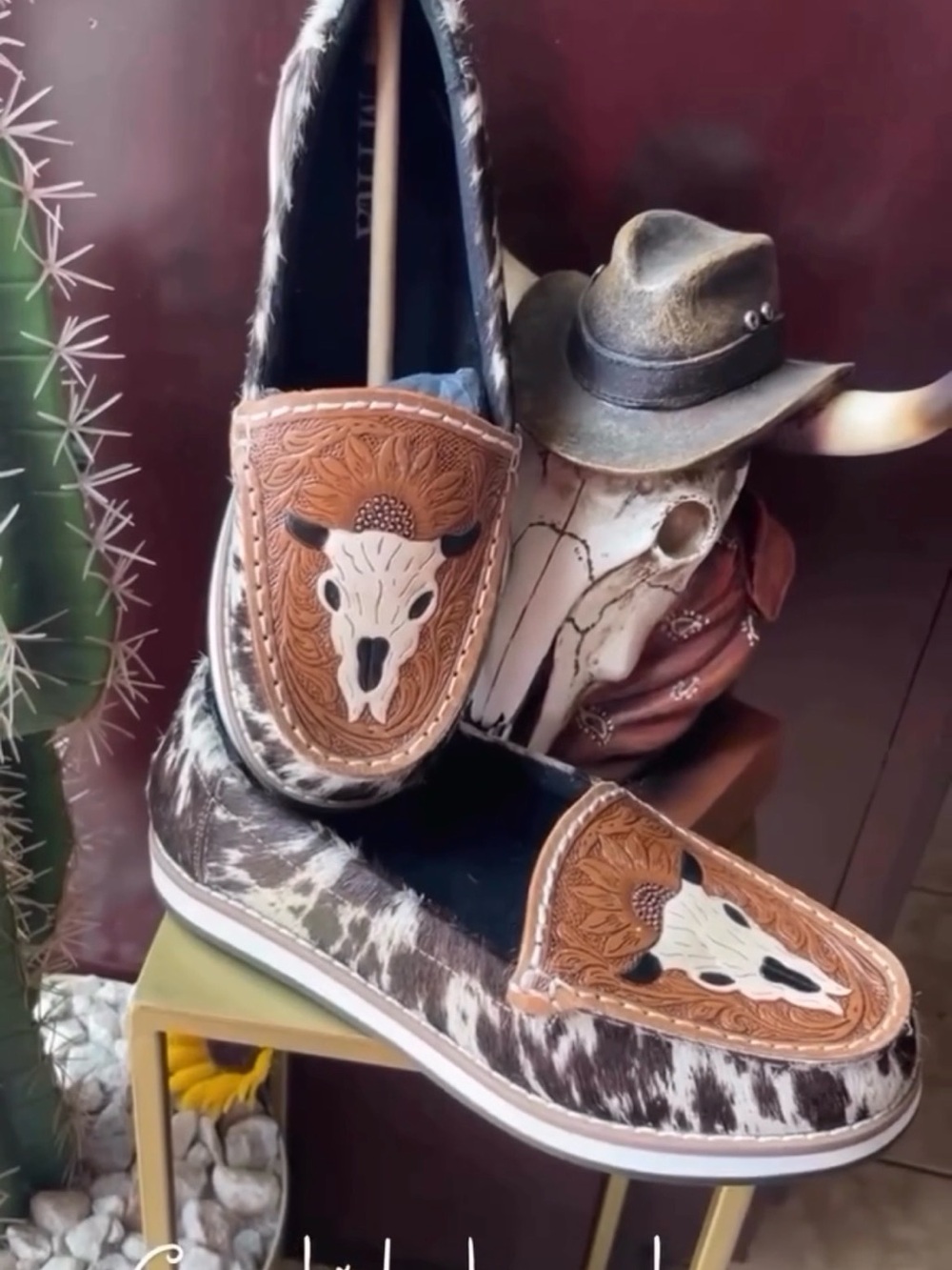 Myra Bag Brown and White Cowhide Loafers with Tooled Skull Motif